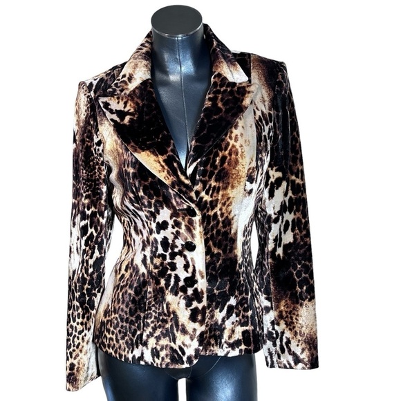 KAY UNGER NEW YORK Velvet Velour Leopard Animal Print Blazer Jacket Women's Sz 6 - Picture 1 of 16